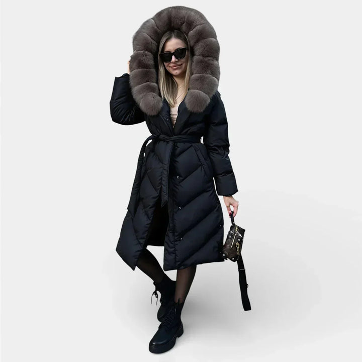 Women's Faux Fur Collar Insulated Winter Jacket - Black
