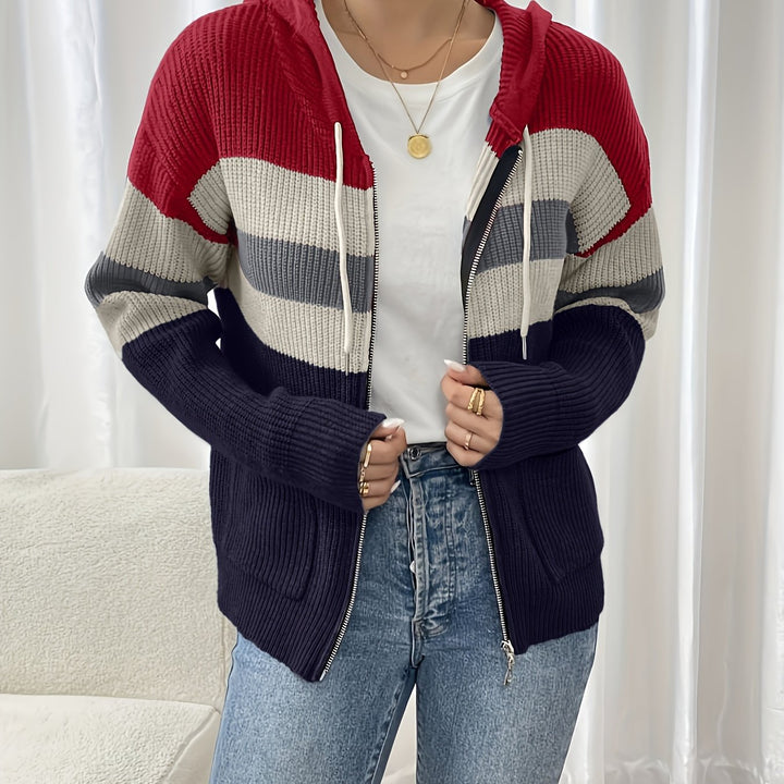 Women's Colour-Block Hooded Zip Cardigan - Red