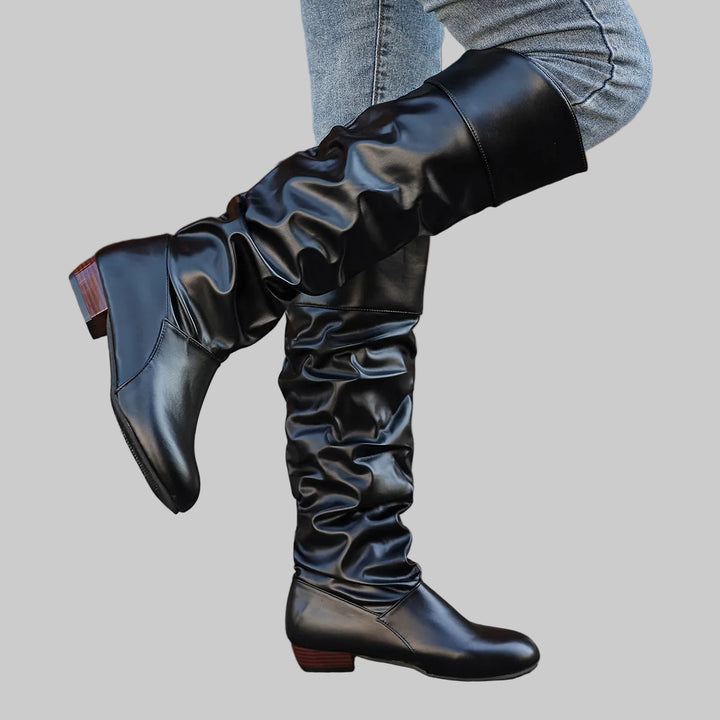 Slouch Knee-High Boots with Low Heel and Rounded Toe