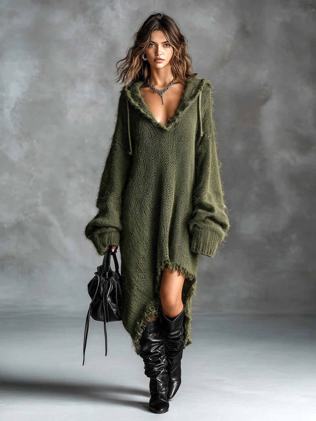 Women's Hooded Brushed Knit Midi Dress