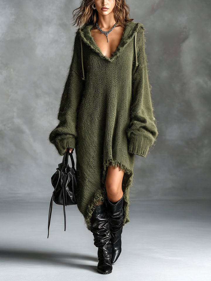 Women's Hooded Brushed Knit Midi Dress - Green militar