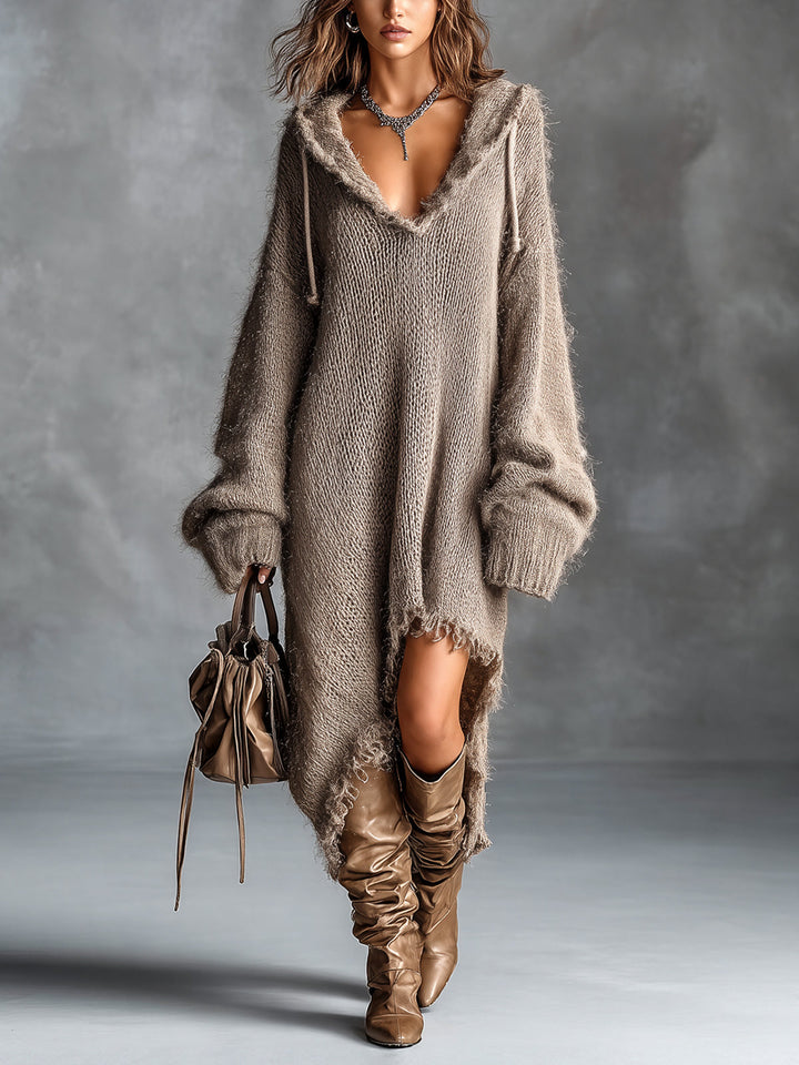 Women's Hooded Brushed Knit Midi Dress - Brown
