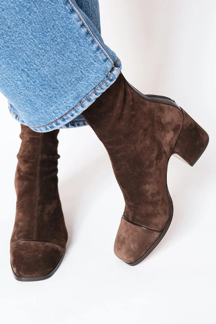 Women's Square Toe Block Heel Boots - Dark Brown