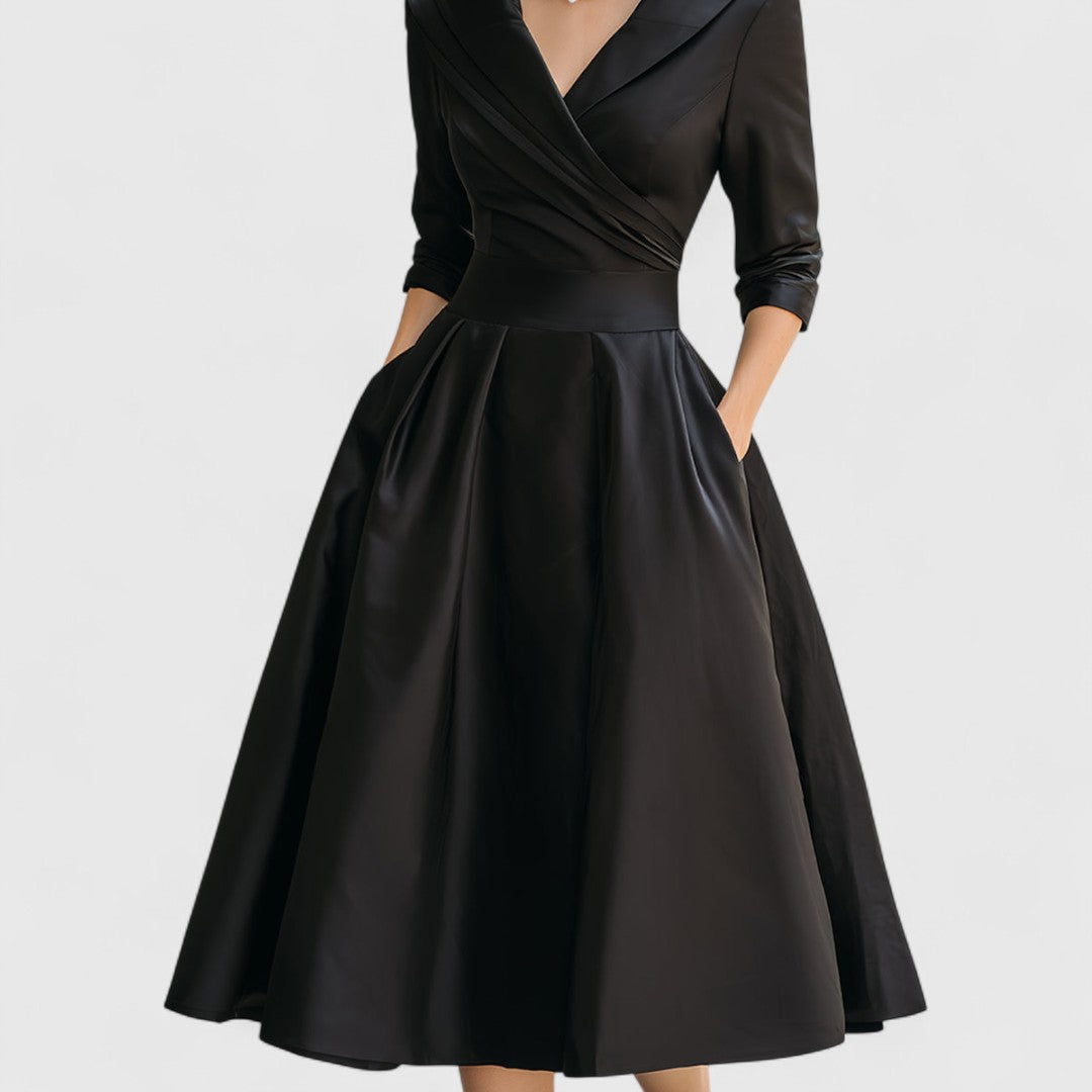 Women's V-Neck Midi Dress with 3/4 Sleeves and Cinched Waist