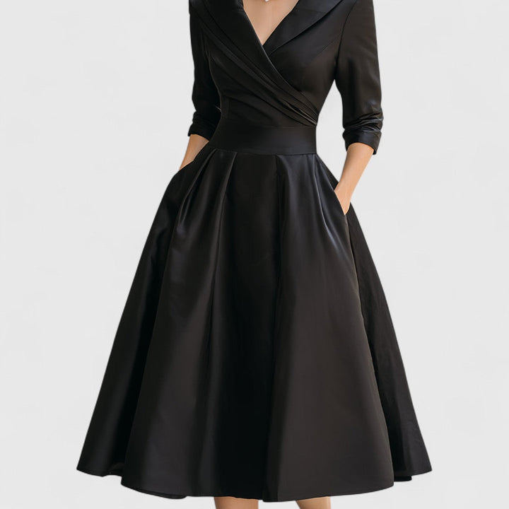 Women's V-Neck Midi Dress with 3/4 Sleeves and Cinched Waist