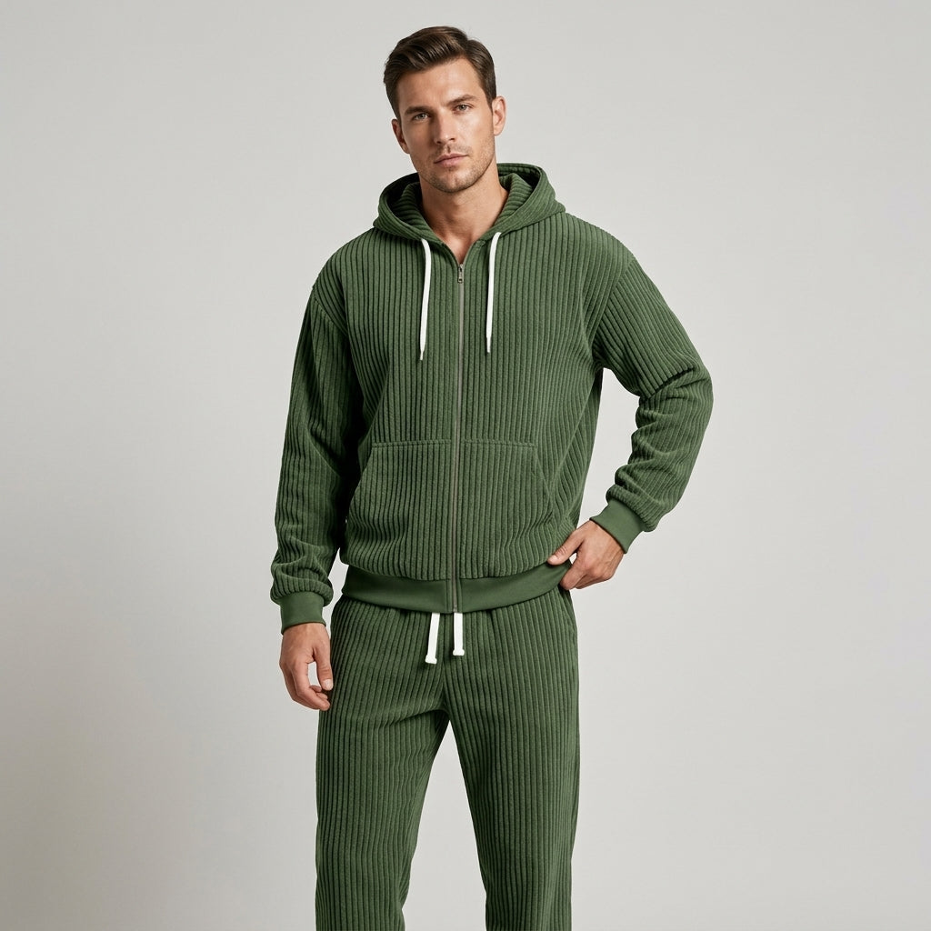 Women's Corduroy Hooded Zip Jacket and Jogger Set - Army Green