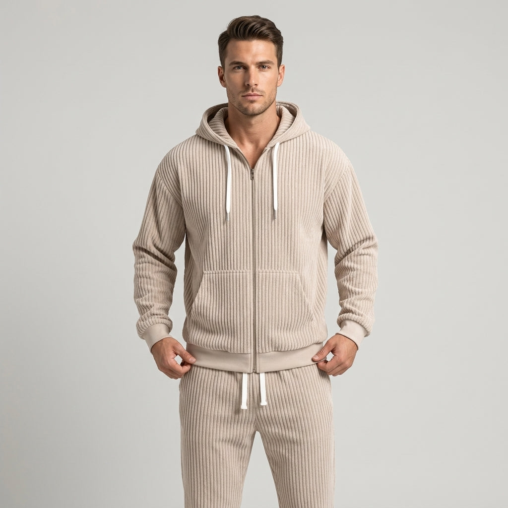 Women's Corduroy Hooded Zip Jacket and Jogger Set - Beige