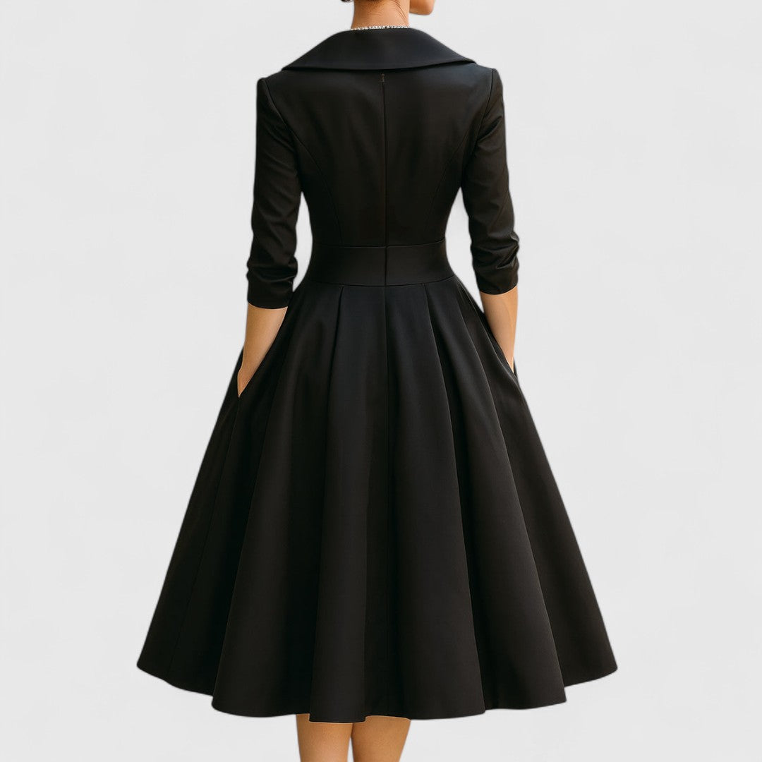 Women's V-Neck Midi Dress with 3/4 Sleeves and Cinched Waist