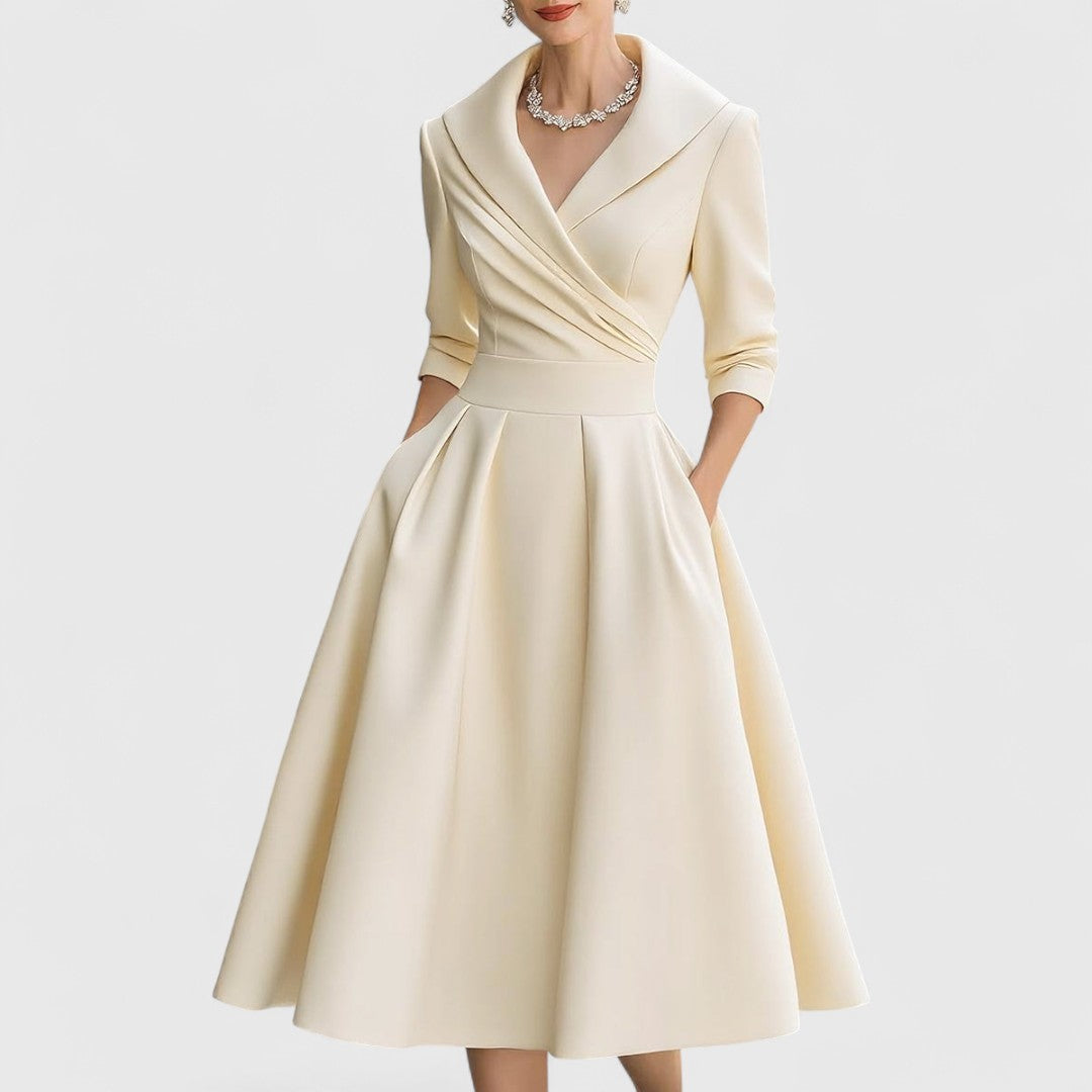 Women's V-Neck Midi Dress with 3/4 Sleeves and Cinched Waist