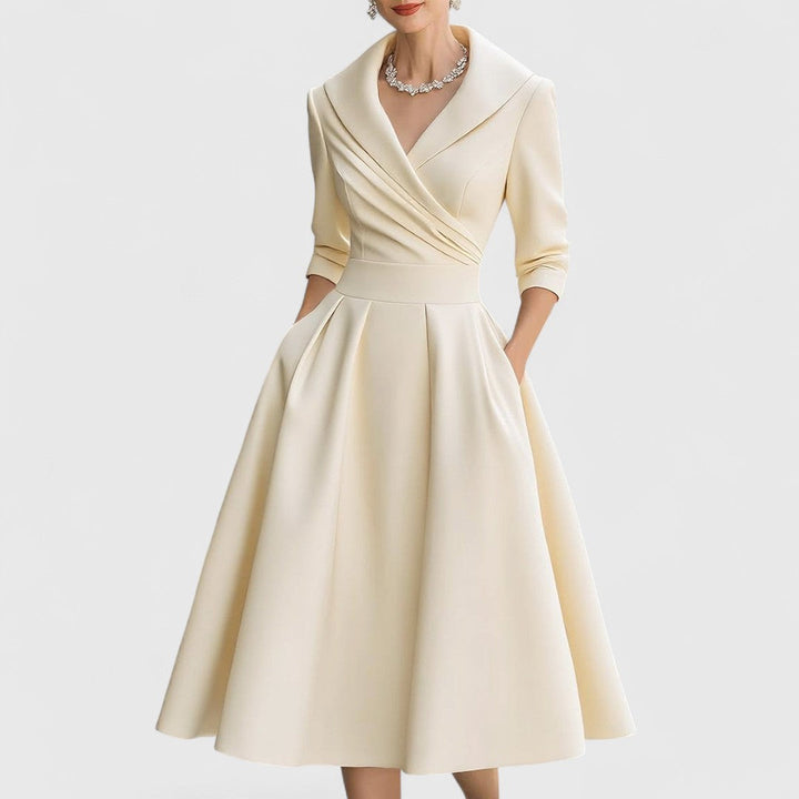 Women's V-Neck Midi Dress with 3/4 Sleeves and Cinched Waist