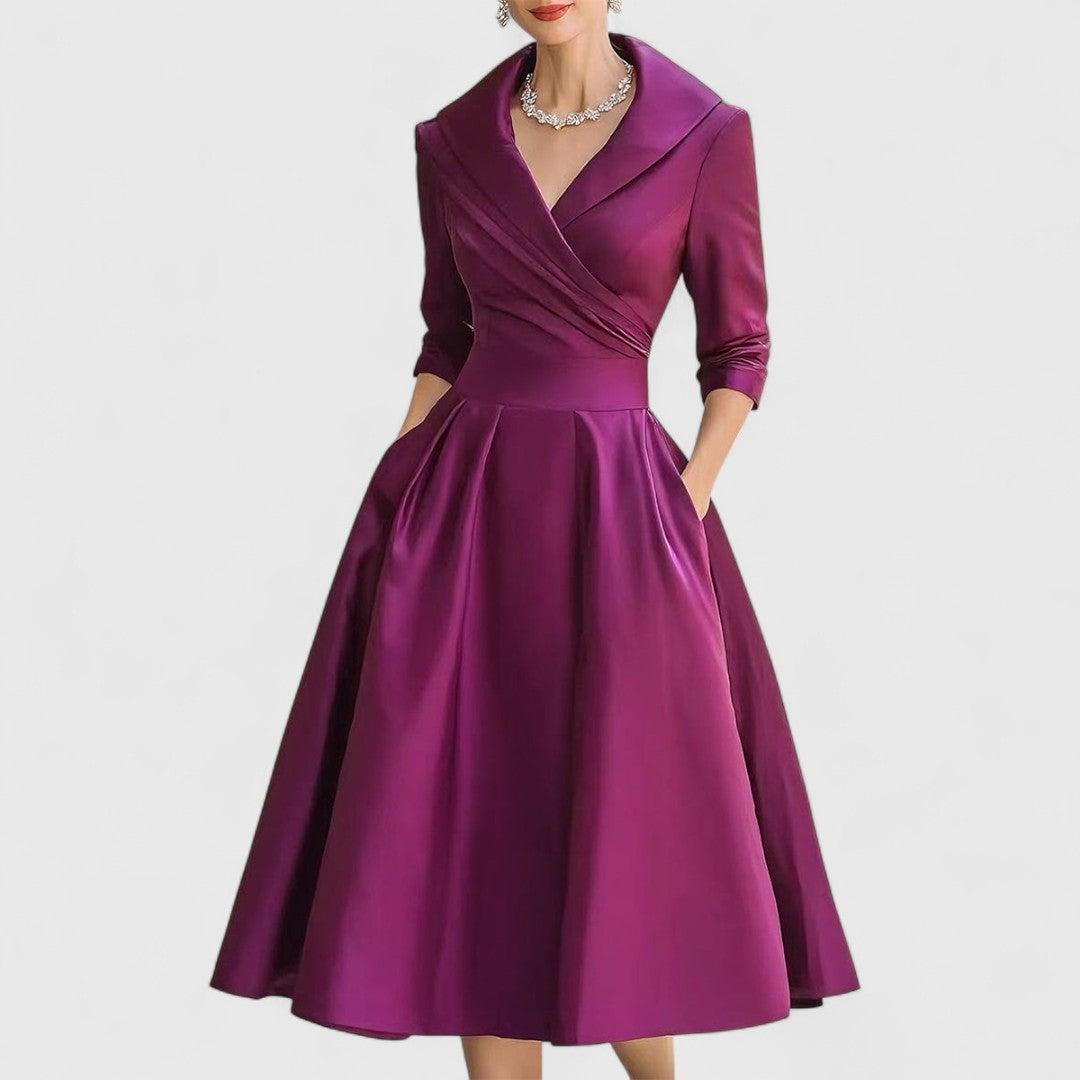 Women's V-Neck Midi Dress with 3/4 Sleeves and Cinched Waist