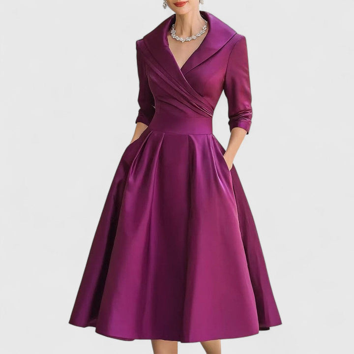 Women's V-Neck Midi Dress with 3/4 Sleeves and Cinched Waist