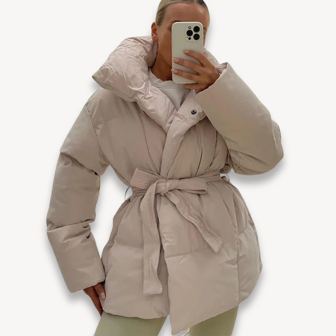 Women's Quilted High-Collar Puffer Jacket - Beige