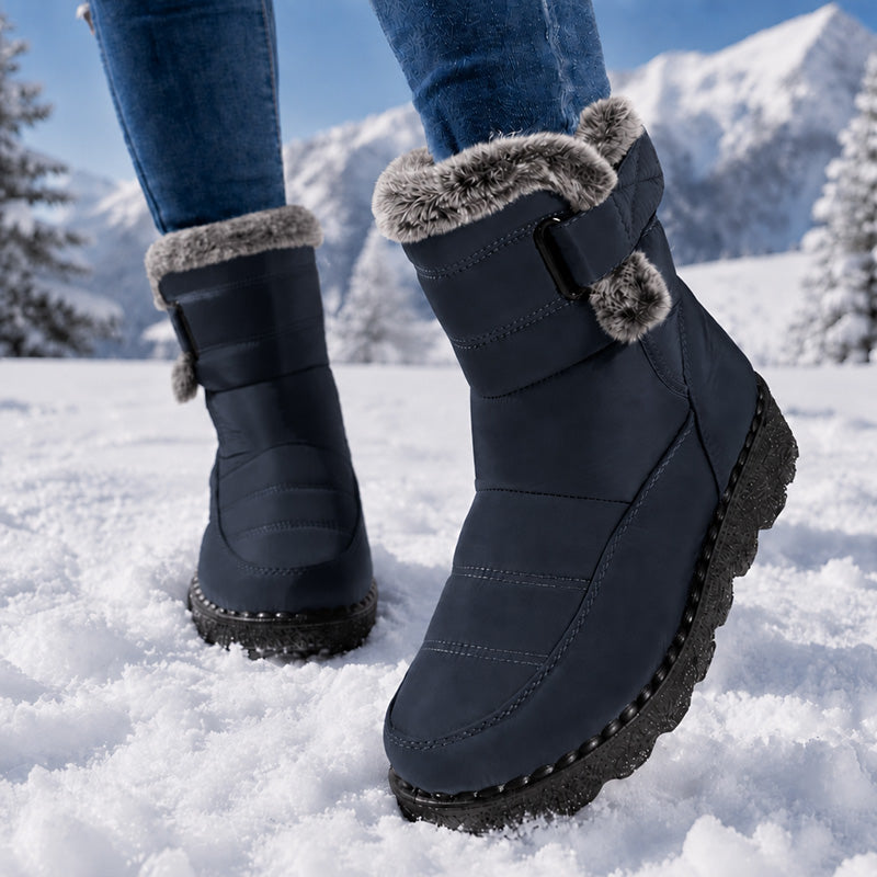 Women's Plush-Lined Faux Fur Trim Winter Ankle Boots - Blue