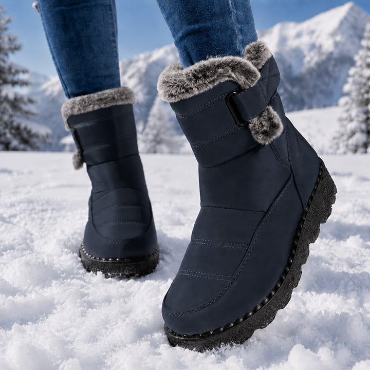 Women's Plush-Lined Faux Fur Trim Winter Ankle Boots - Blue