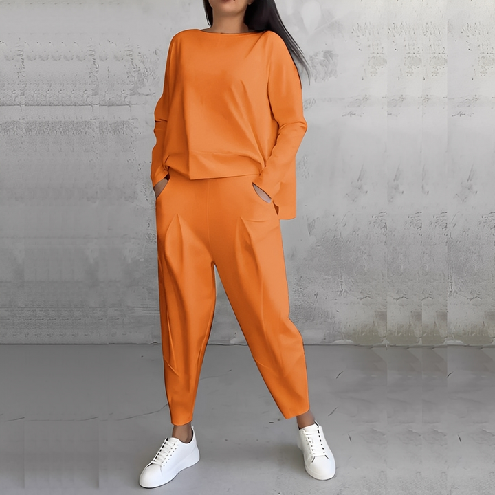 Women's Relaxed Crew-Neck Top and Tapered Trousers Set - Orange