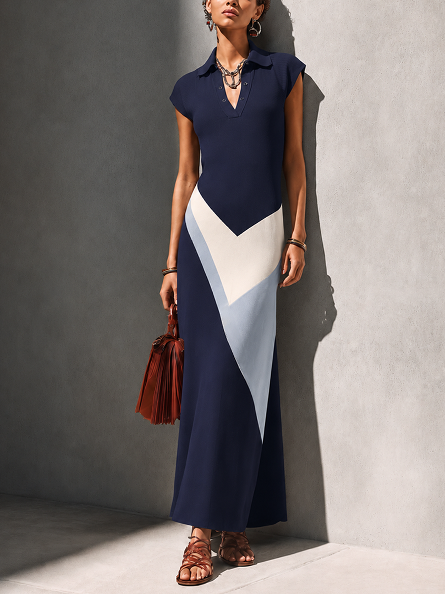 Women's Colour-Block Polo Collar Knit Maxi Dress - Blue