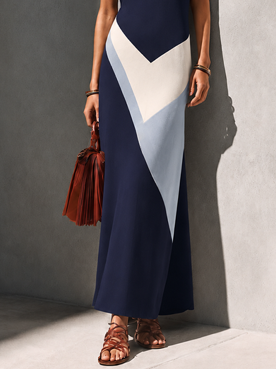 Women's Colour-Block Polo Collar Knit Maxi Dress
