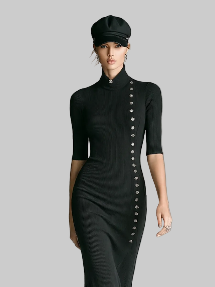 Women's Ribbed Knit Bodycon Maxi Dress with Roll Neck, Half Sleeves and Side Split