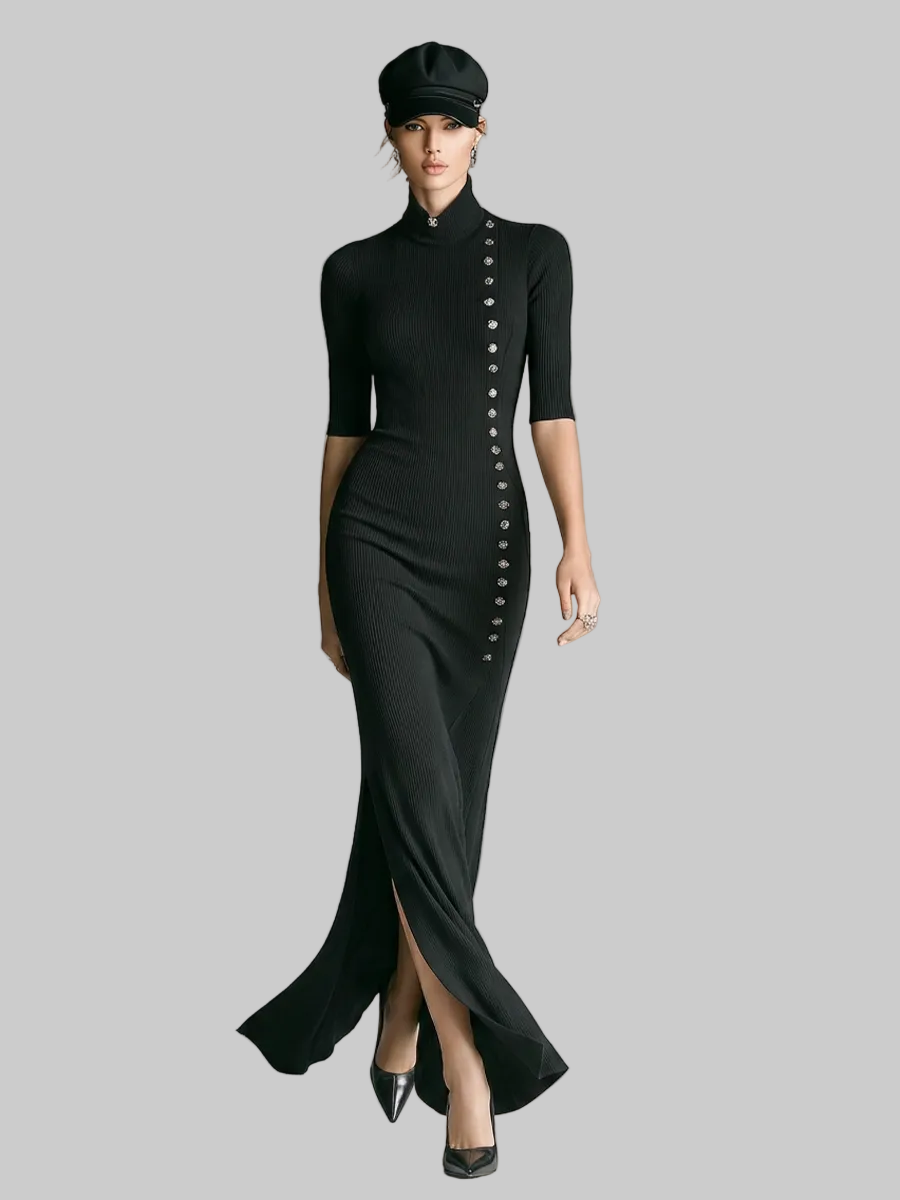 Women's Ribbed Knit Bodycon Maxi Dress with Roll Neck, Half Sleeves and Side Split