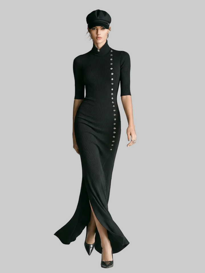 Women's Ribbed Knit Bodycon Maxi Dress with Roll Neck, Half Sleeves and Side Split