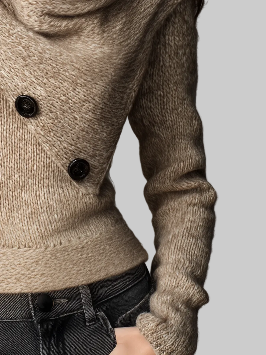 Cowl Neck Knitted Jumper with Asymmetric Button Detail and Relaxed Fit