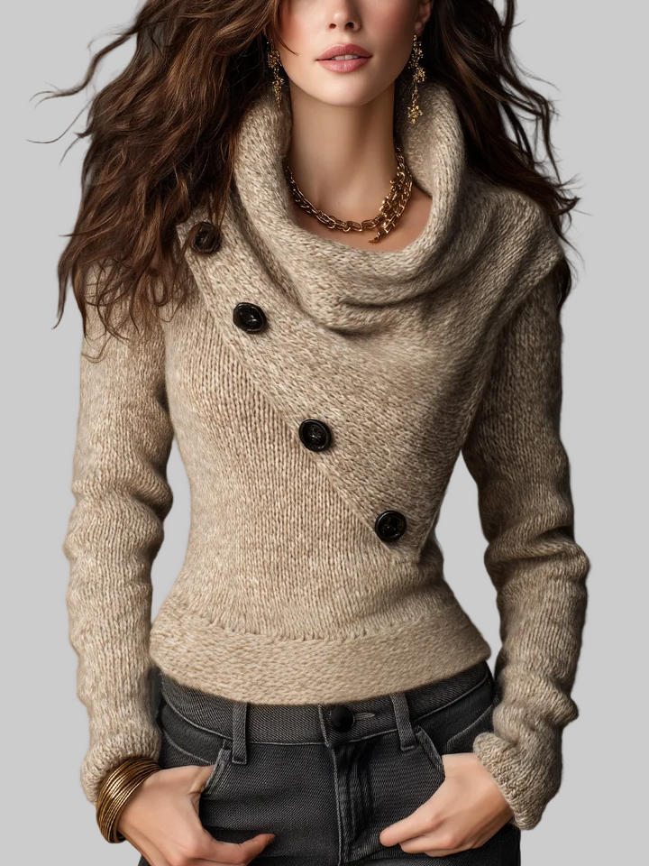 Cowl Neck Knitted Jumper with Asymmetric Button Detail and Relaxed Fit
