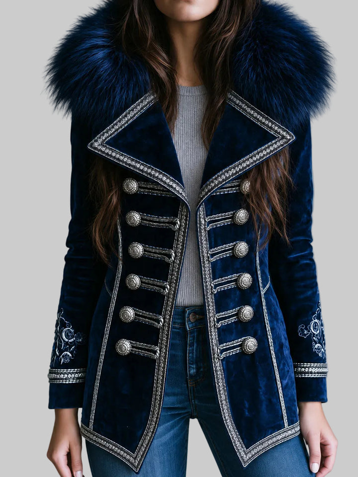 Vintage Velvet Jacket with Faux Fur Collar, Embroidered Cuffs and Silver Braided Trim