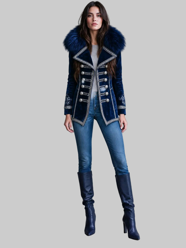 Vintage Velvet Jacket with Faux Fur Collar, Embroidered Cuffs and Silver Braided Trim