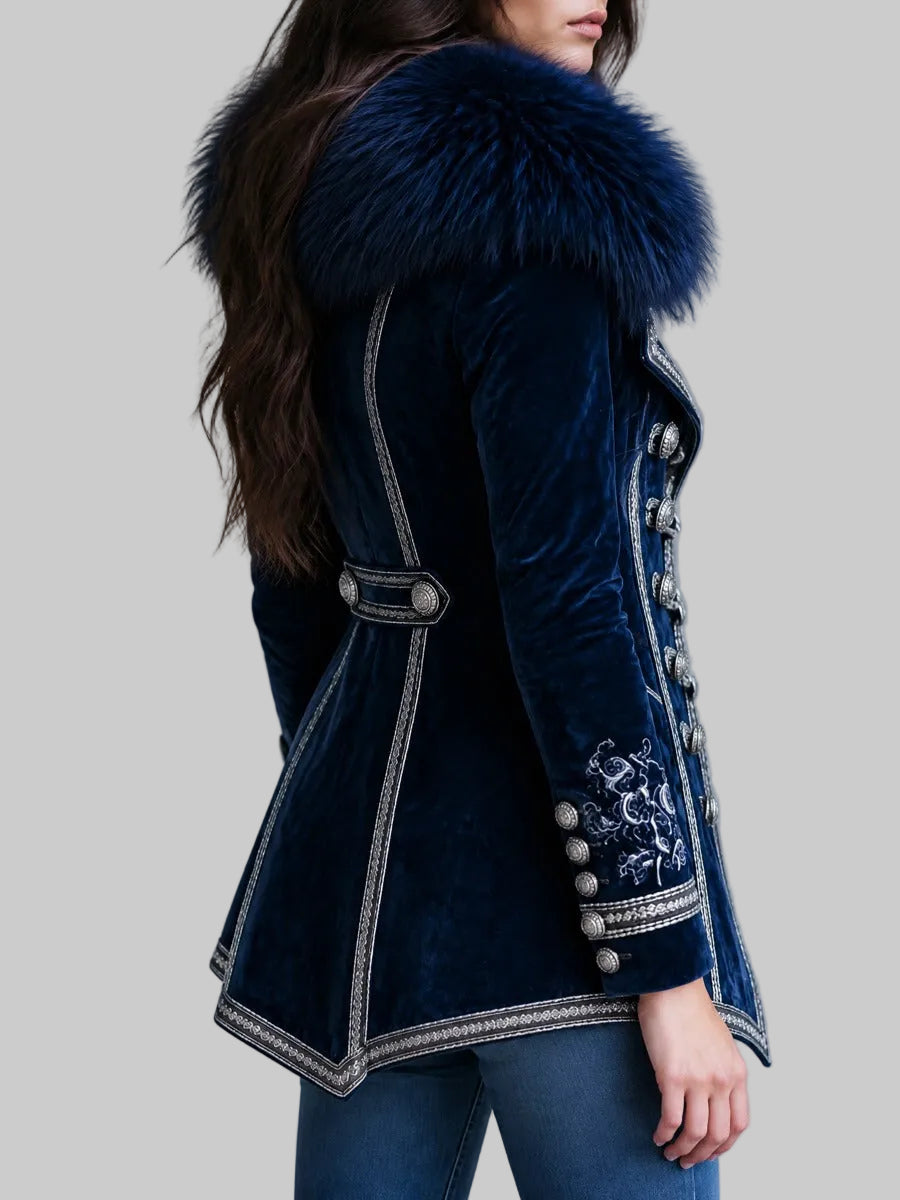 Vintage Velvet Jacket with Faux Fur Collar, Embroidered Cuffs and Silver Braided Trim