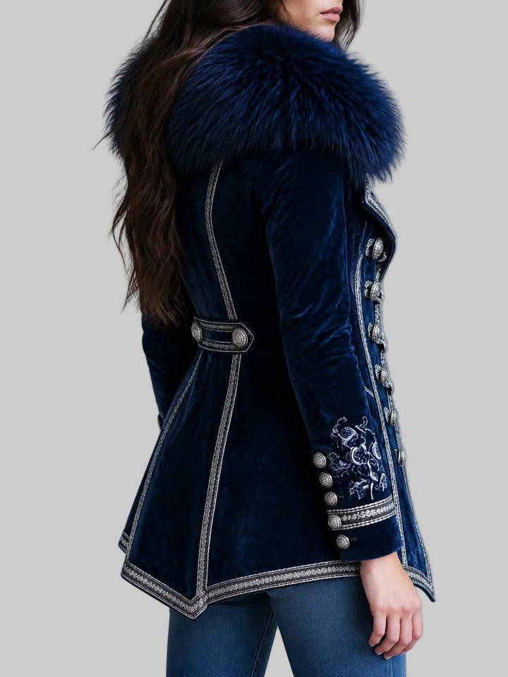 Vintage Velvet Jacket with Faux Fur Collar, Embroidered Cuffs and Silver Braided Trim