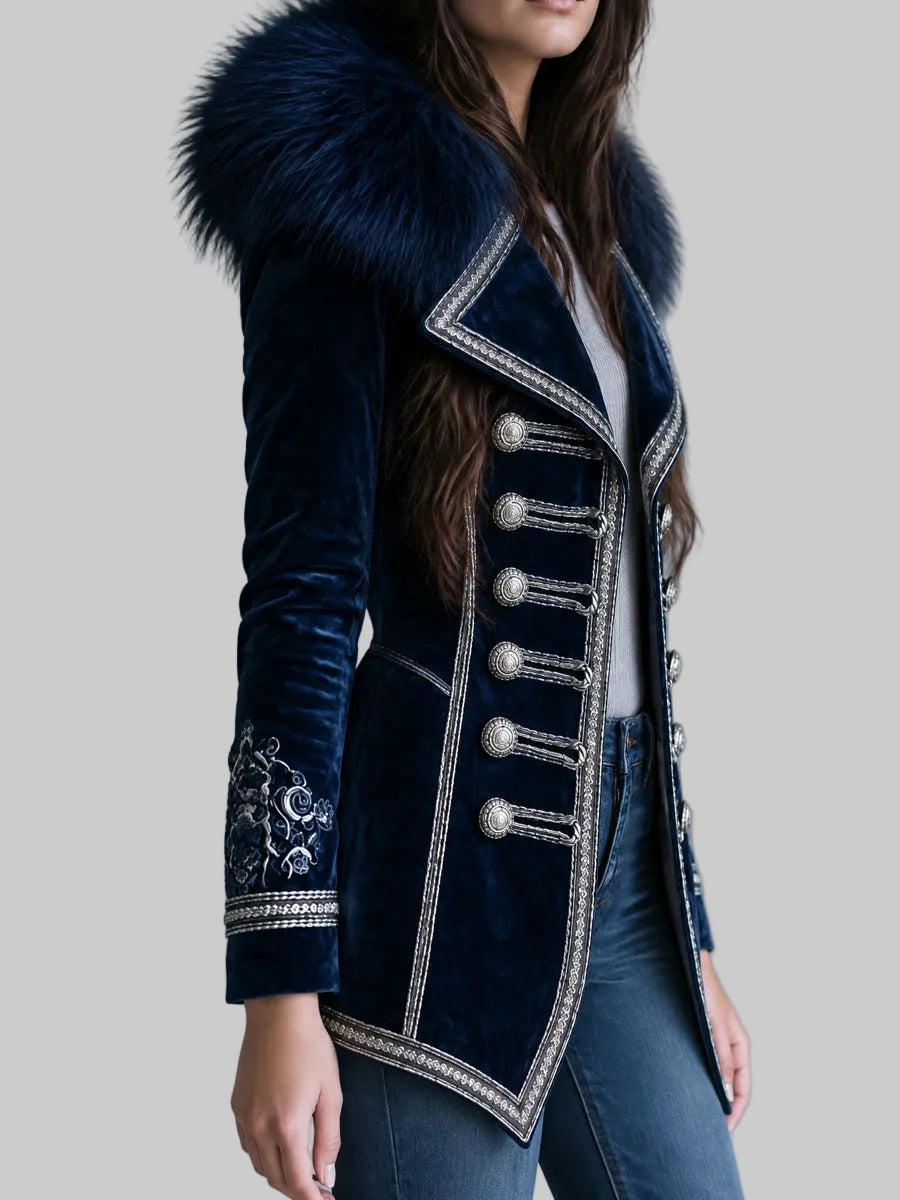 Vintage Velvet Jacket with Faux Fur Collar, Embroidered Cuffs and Silver Braided Trim