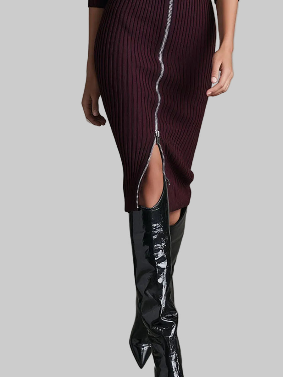 Women's Ribbed Knit Bodycon Midi Dress with Collar and Front Zip