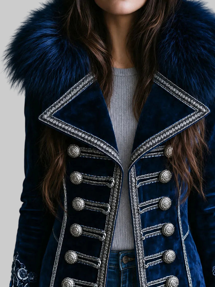 Vintage Velvet Jacket with Faux Fur Collar, Embroidered Cuffs and Silver Braided Trim