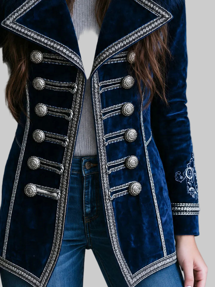 Vintage Velvet Jacket with Faux Fur Collar, Embroidered Cuffs and Silver Braided Trim