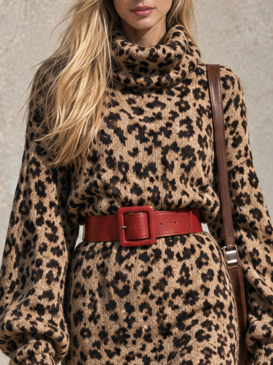 Women's Leopard Print Belted Turtleneck Knit Mini Dress
