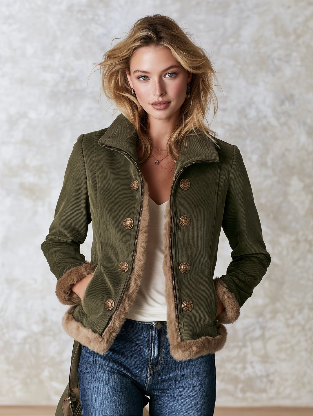 Women's Corduroy Patchwork Faux Fur Coat