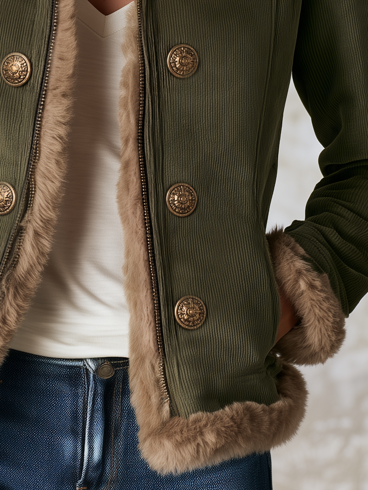 Women's Corduroy Patchwork Faux Fur Coat