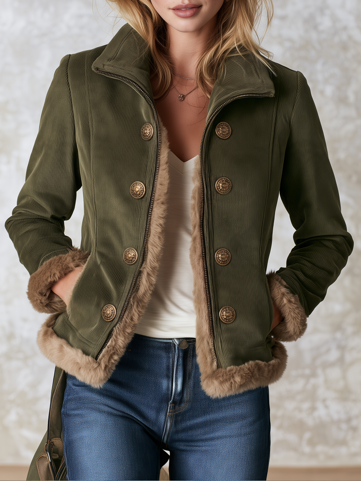 Women's Corduroy Patchwork Faux Fur Coat - GreenBrown