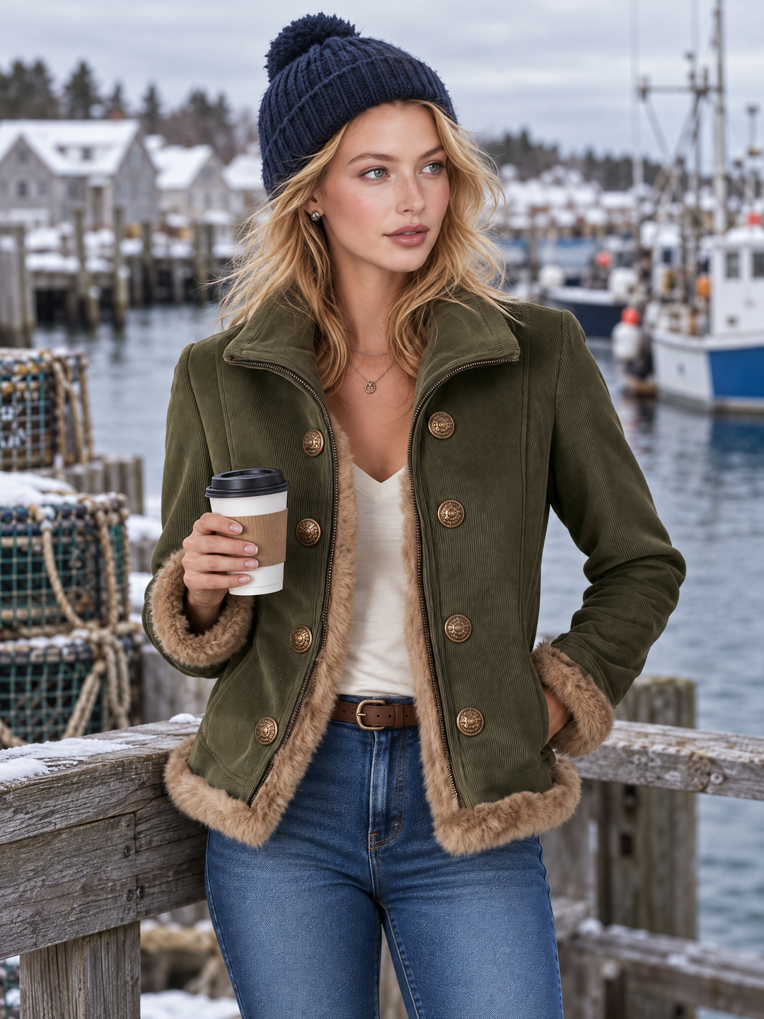 Women's Corduroy Patchwork Faux Fur Coat