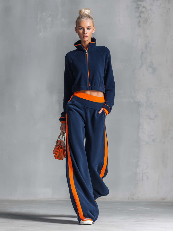 Women's Retro Colour-Block Fleece Zip Jacket and Wide-Leg Trouser Set