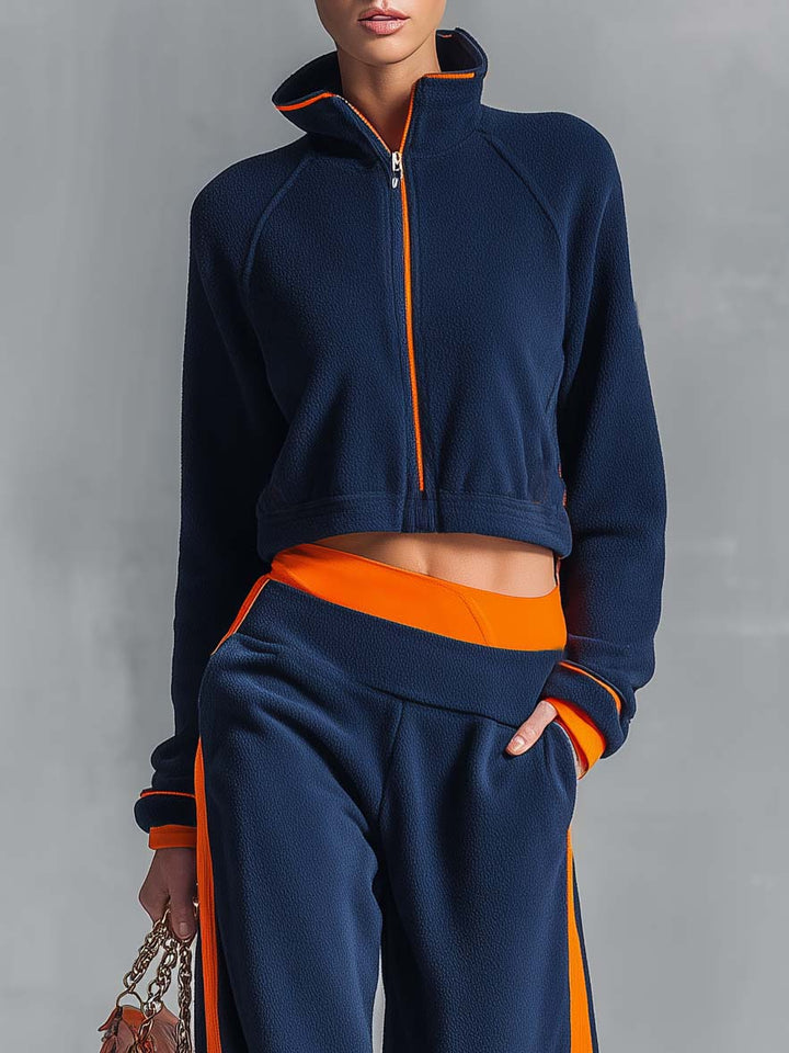 Women's Retro Colour-Block Fleece Zip Jacket and Wide-Leg Trouser Set