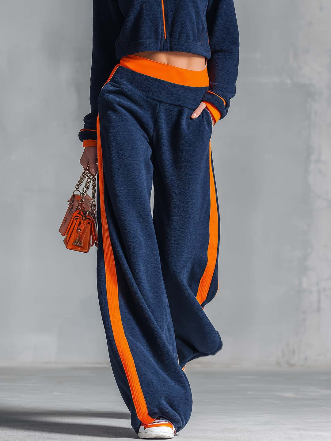 Women's Retro Colour-Block Fleece Zip Jacket and Wide-Leg Trouser Set