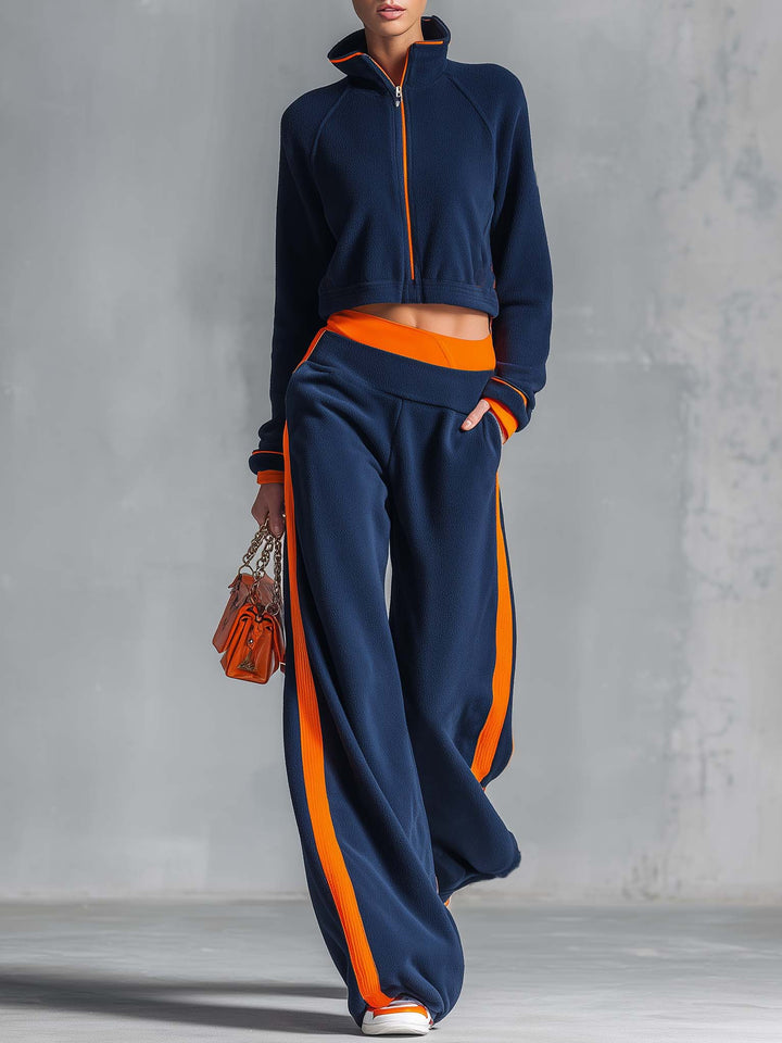 Women's Retro Colour-Block Fleece Zip Jacket and Wide-Leg Trouser Set - Navy