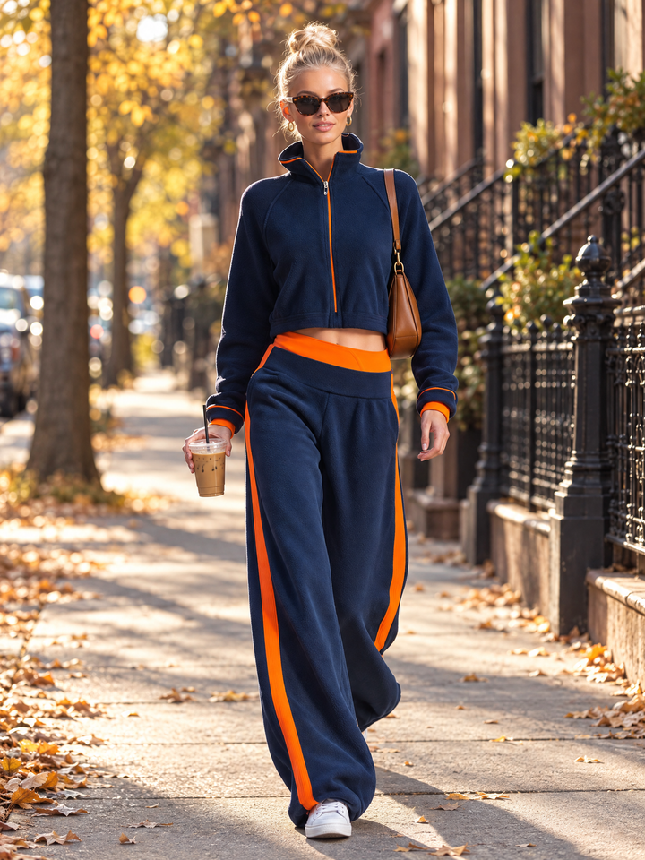 Women's Retro Colour-Block Fleece Zip Jacket and Wide-Leg Trouser Set