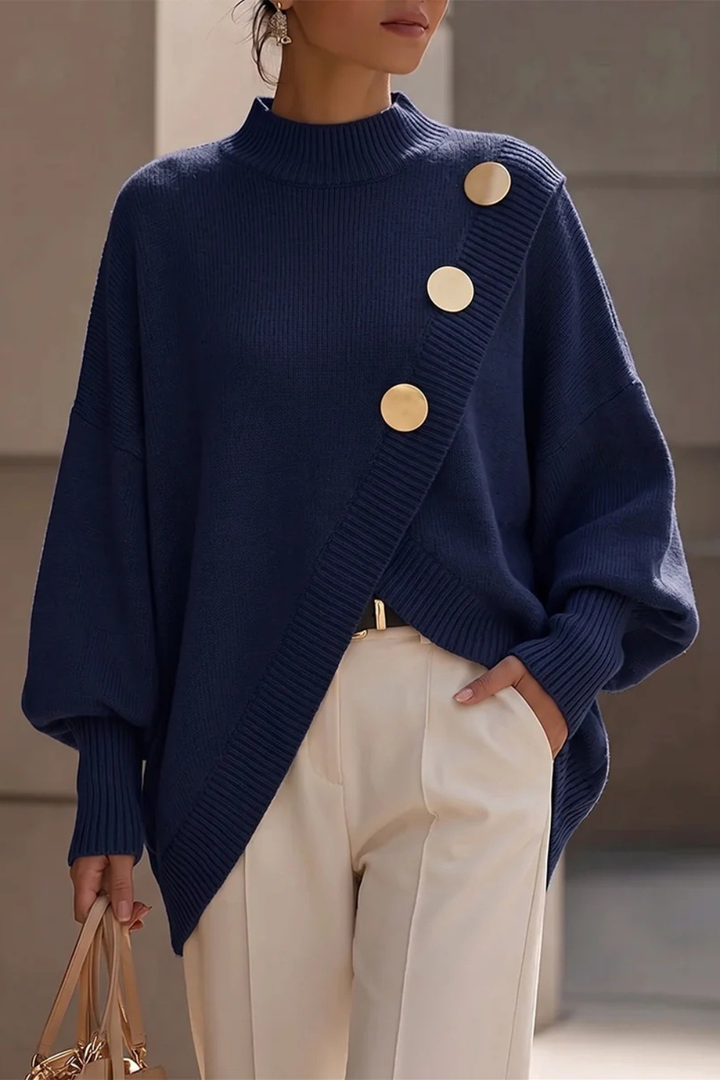 Women's Asymmetric Button Mock Neck Jumper - Blue