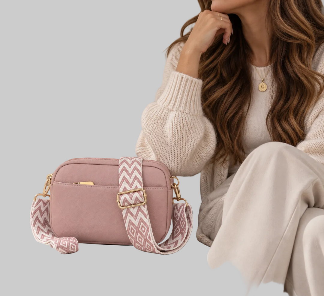Vegan Leather Crossbody Bag with Wide Patterned Strap