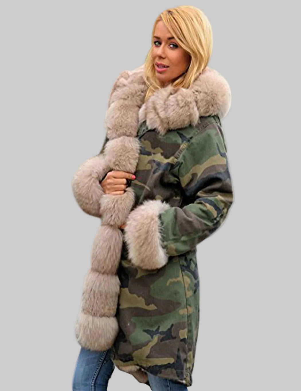 Women's Longline Camouflage Parka with Faux Fur-Trimmed Hood and Cuffs