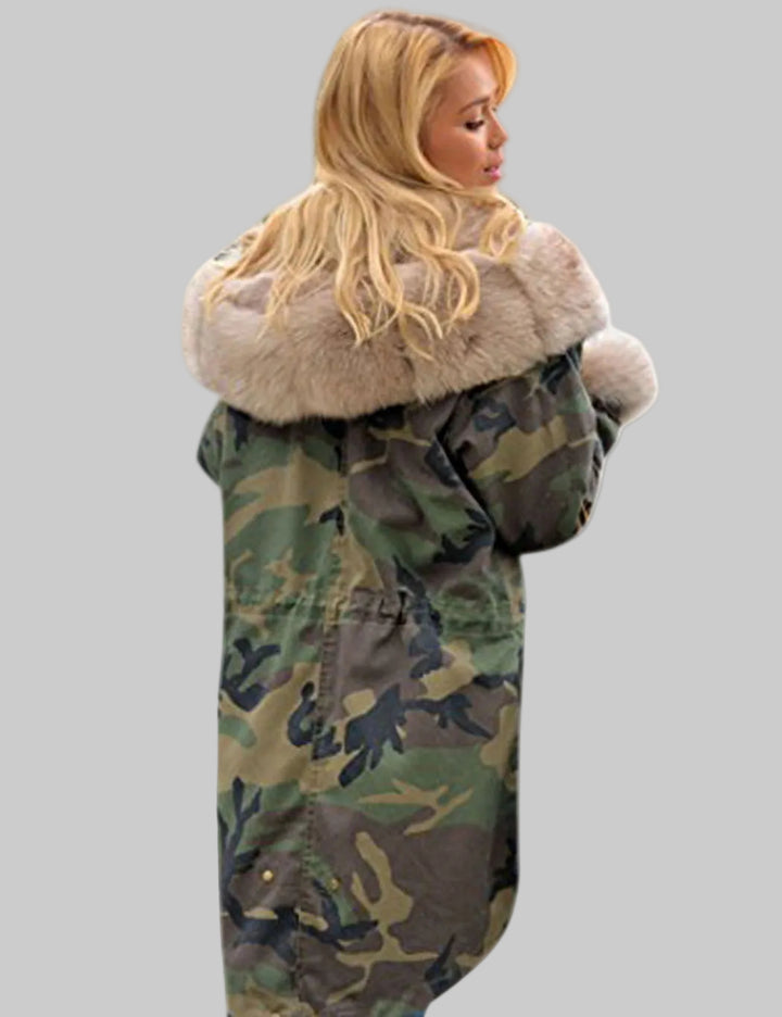 Women's Longline Camouflage Parka with Faux Fur-Trimmed Hood and Cuffs