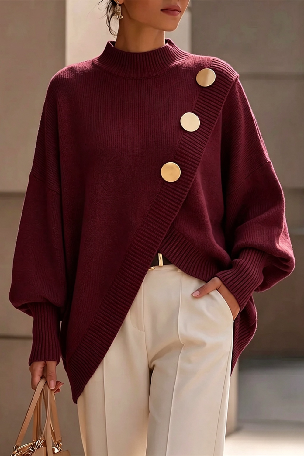 Women's Asymmetric Button Mock Neck Jumper - Burgundy